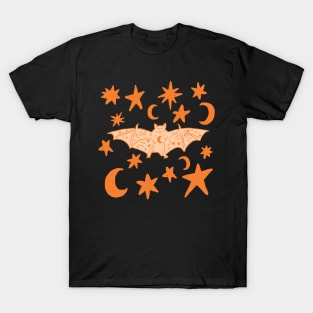 Mystical Bat with Moons and Stars, Orange T-Shirt